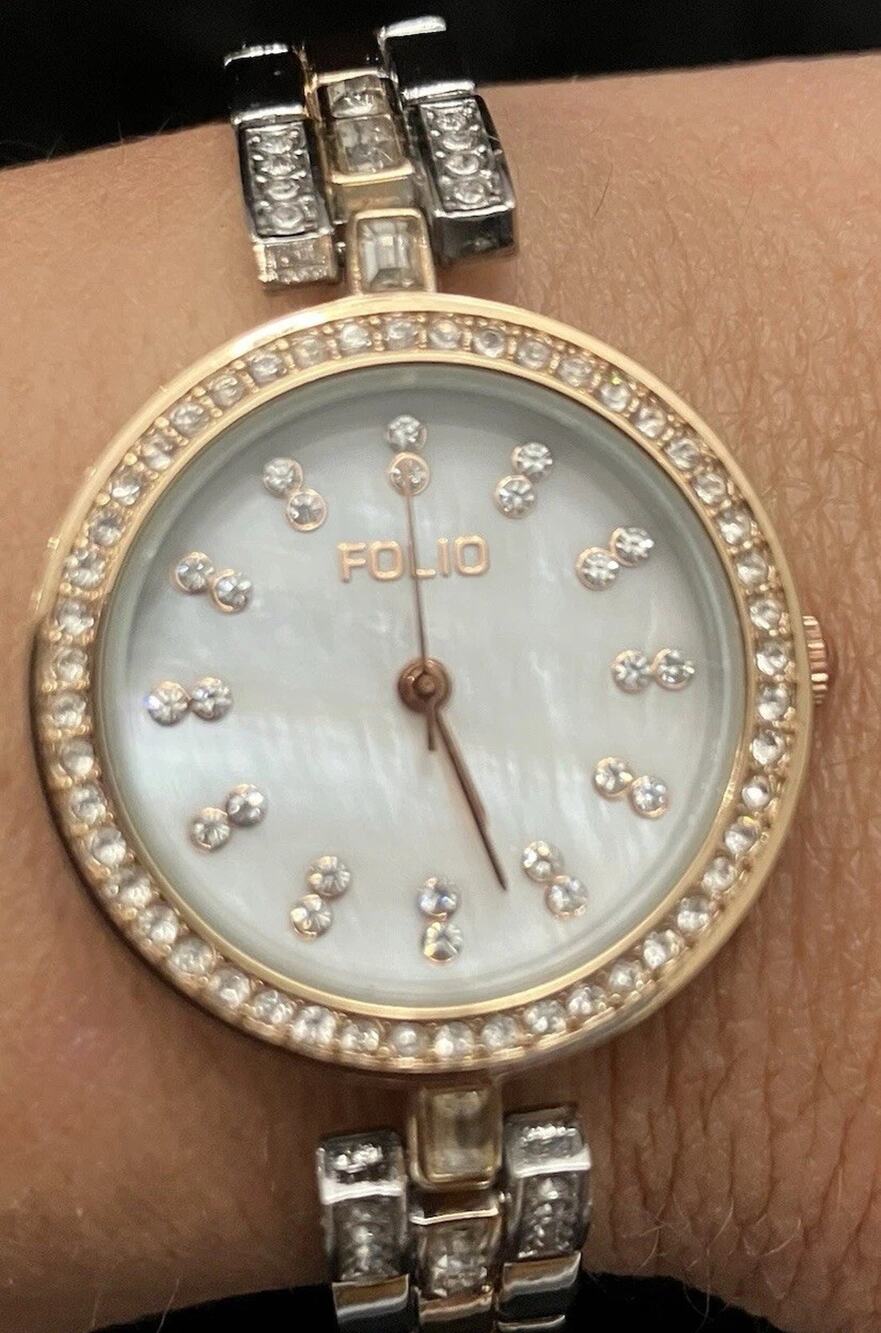 Women’s Rose Gold Silver Tone Quartz Watch Rhinestone Bezel Mother O Pearl Works